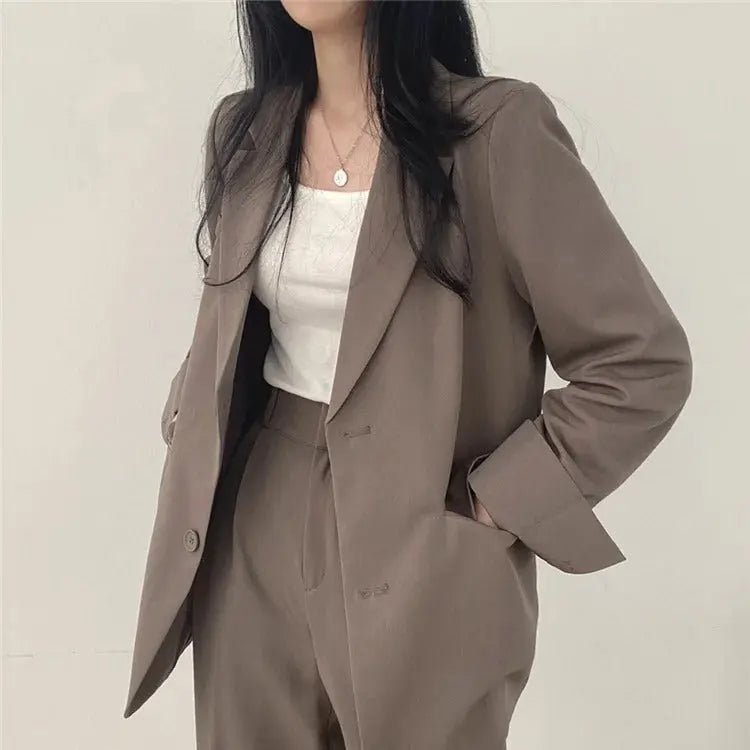 Solid Color Blazer and Straight-Leg Pants Set