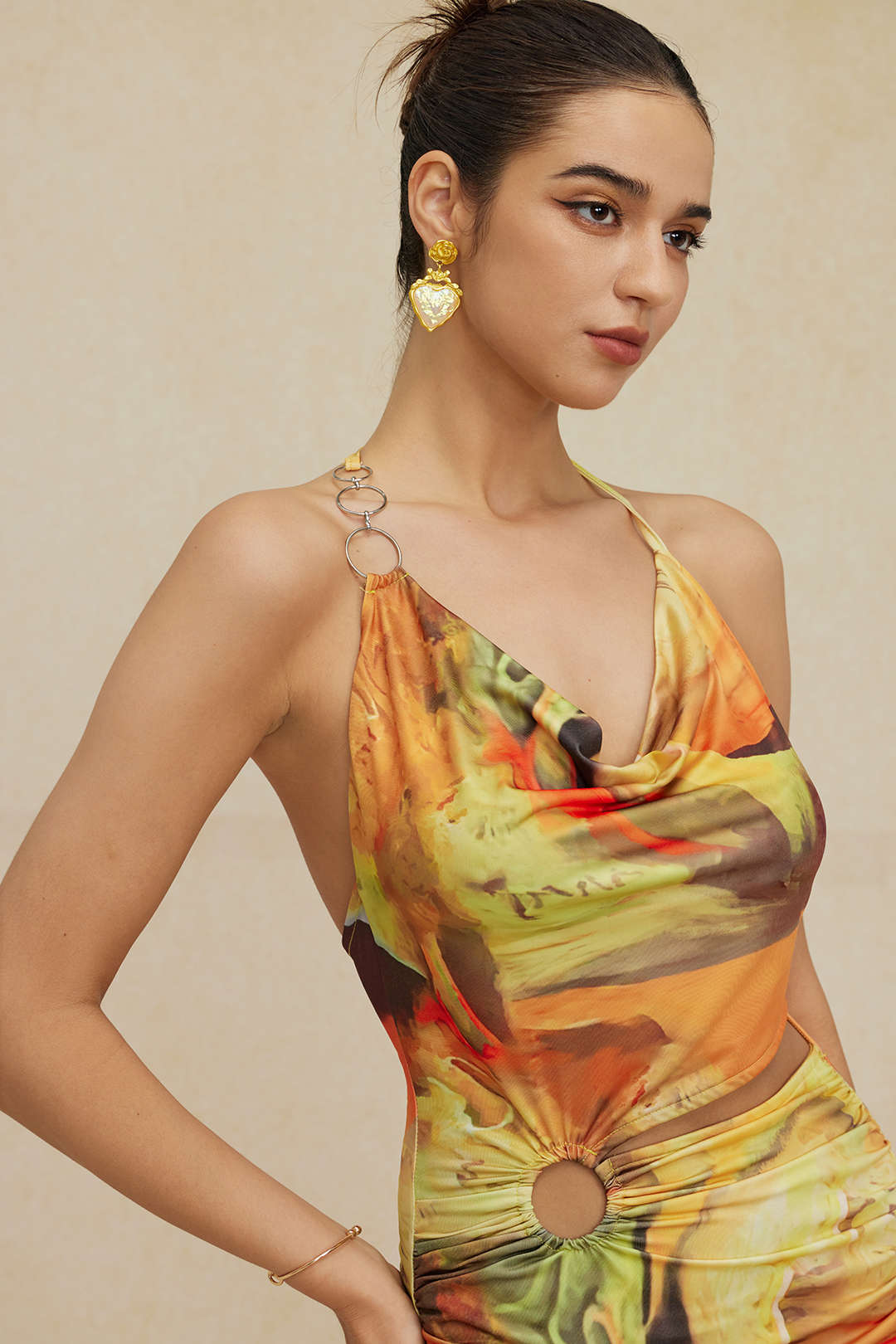 Asymmetrical Side-Slit Halter Mini Dress with Art Print