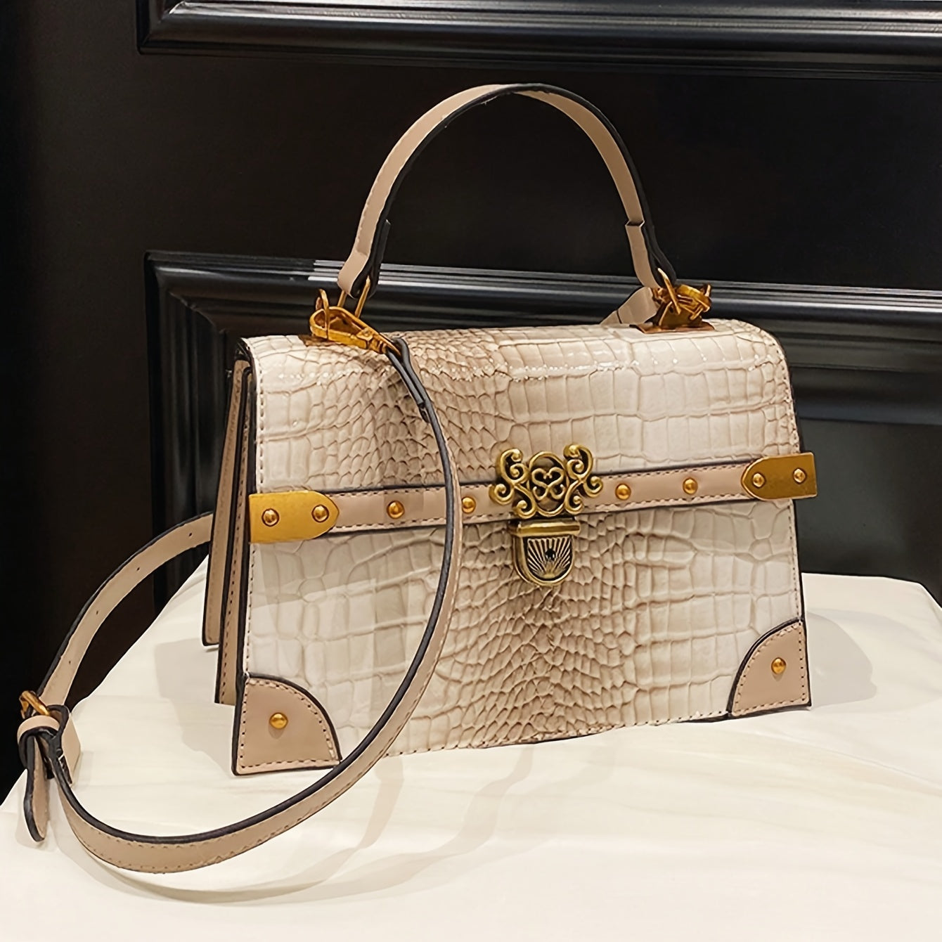 Khaki Crossbody Handbag - Durable PU, Adjustable Strap, Crocodile Pattern