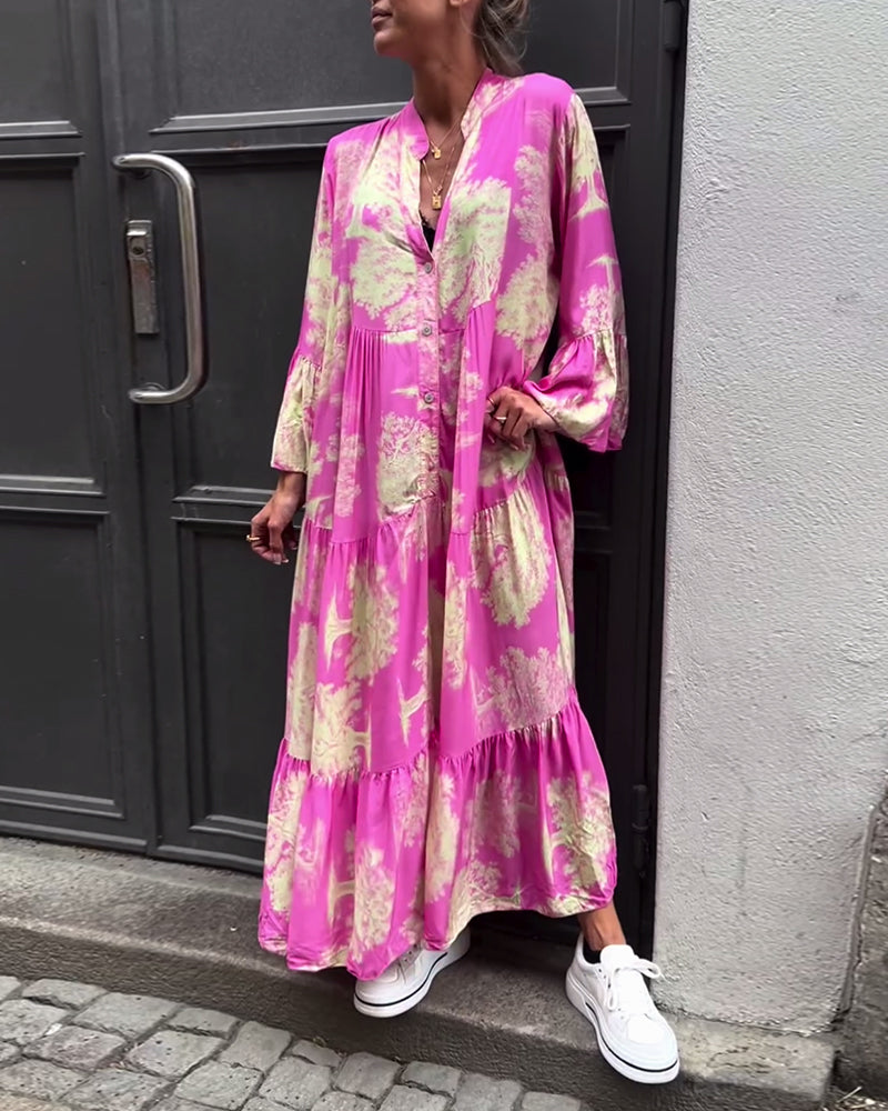 Printed Maxi Dress with Ruffled Sleeves & Stand-Up Collar
