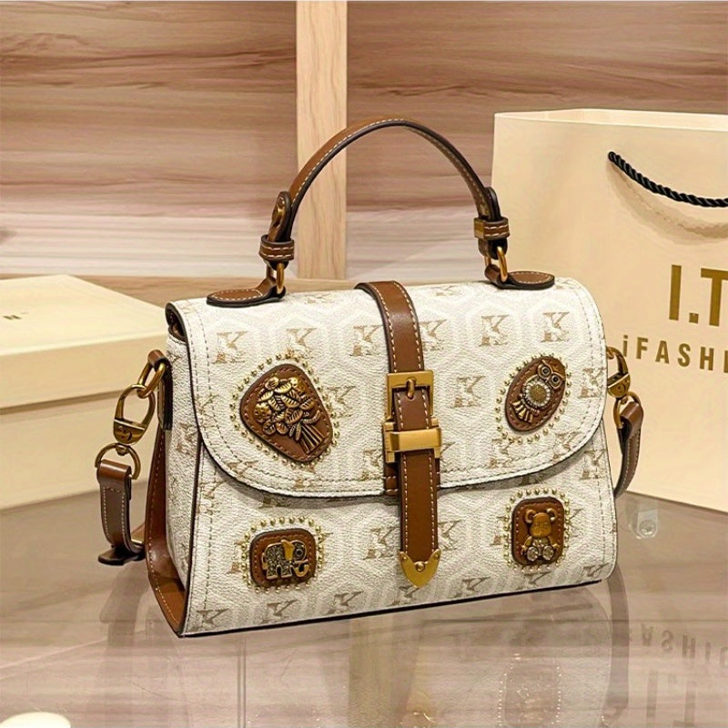 Elegant Vintage Two-Layer Handbag - Beige/Brown with Zipper Closure & Adjustable Strap