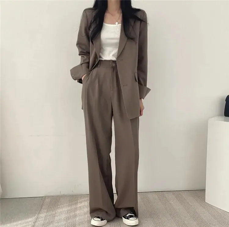 Solid Color Blazer and Straight-Leg Pants Set