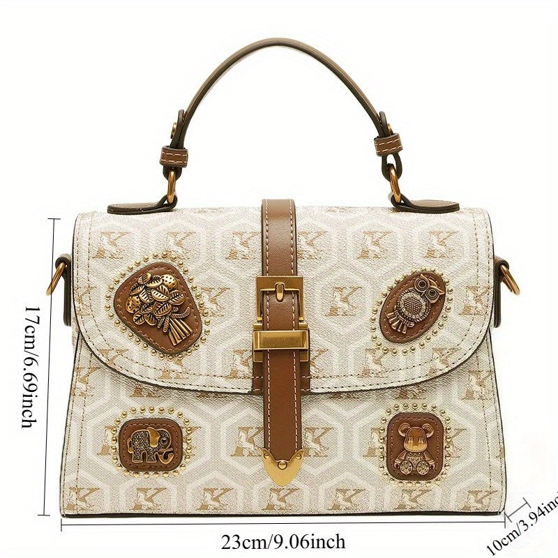 Elegant Vintage Two-Layer Handbag - Beige/Brown with Zipper Closure & Adjustable Strap