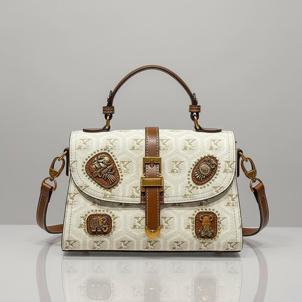 Elegant Vintage Two-Layer Handbag - Beige/Brown with Zipper Closure & Adjustable Strap