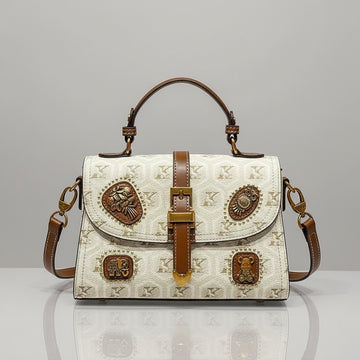 Elegant Vintage Two-Layer Handbag - Beige/Brown with Zipper Closure & Adjustable Strap