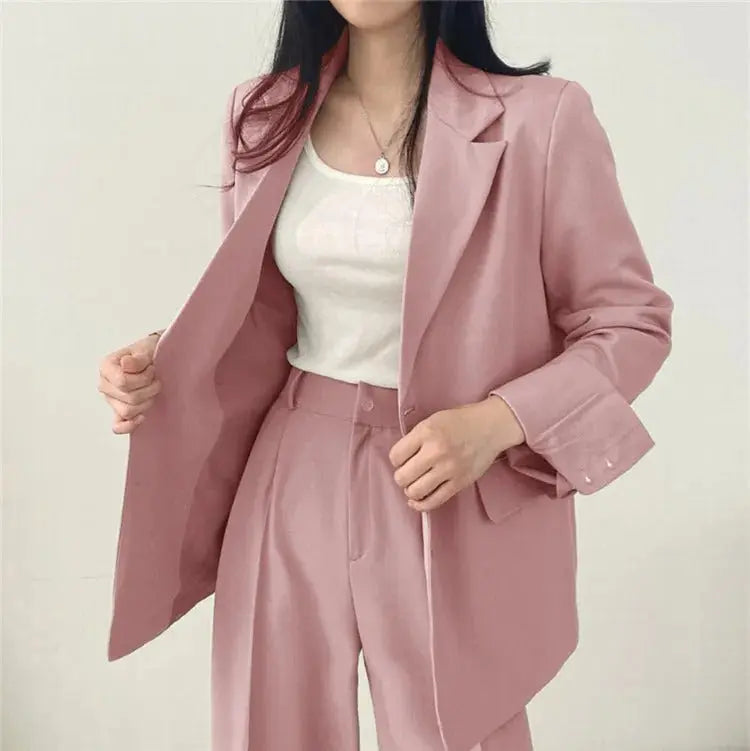 Solid Color Blazer and Straight-Leg Pants Set
