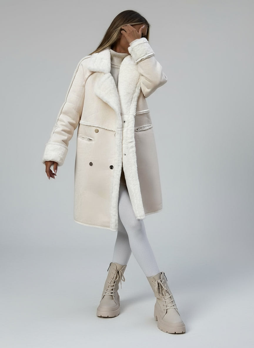 Front view of beige plush-lined women’s coat