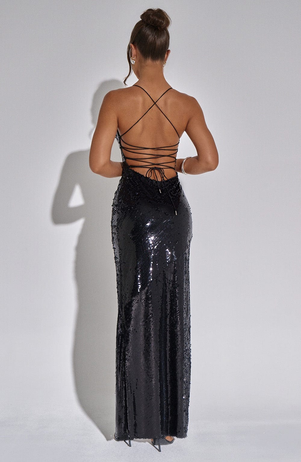 Black Sequin Dress with Leg Slit & Spaghetti Straps