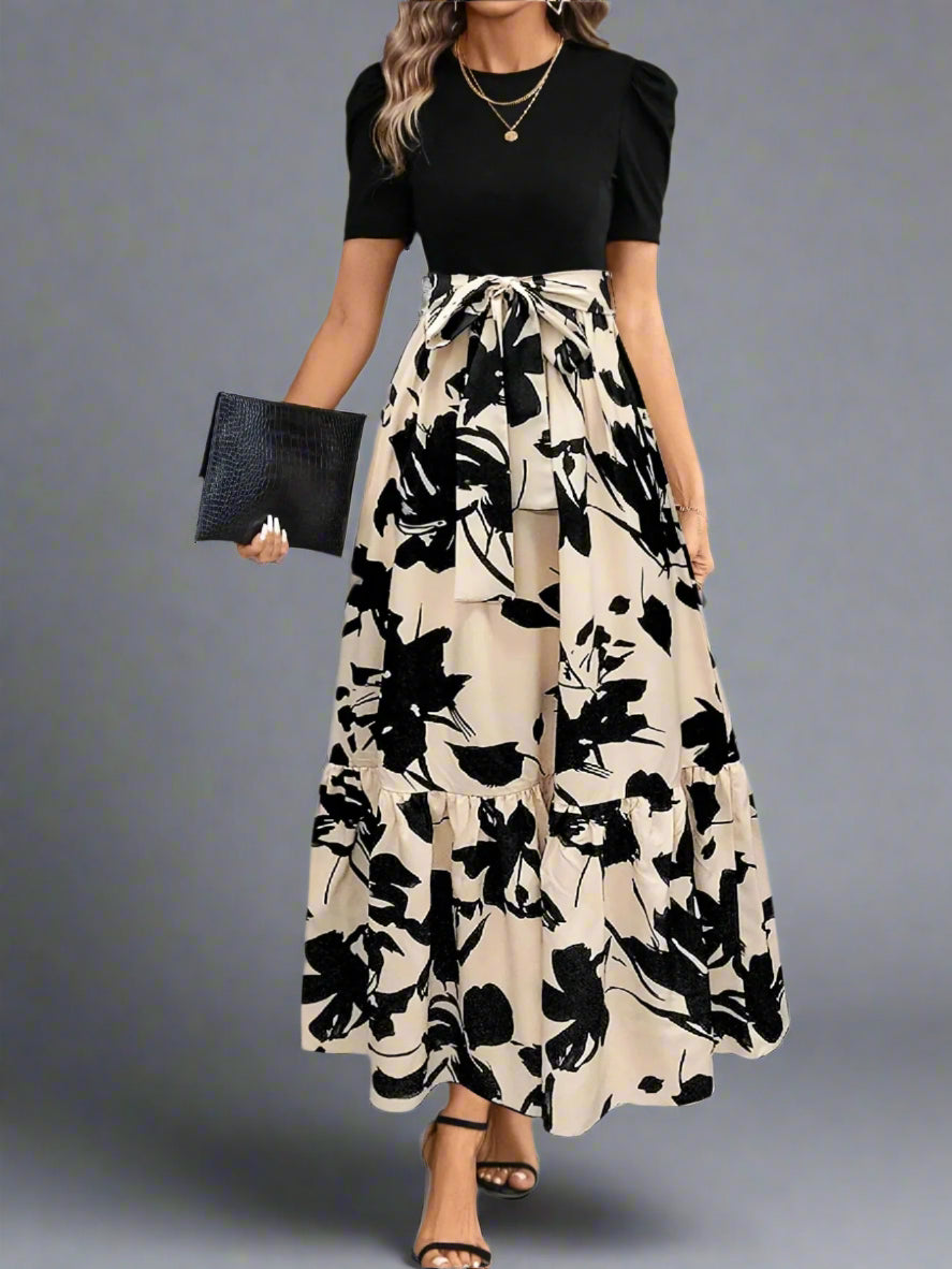 Women’s Printed Midi Dress with Belt – Crew Neck, Short Sleeve