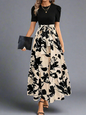 Women’s Printed Midi Dress with Belt – Crew Neck, Short Sleeve