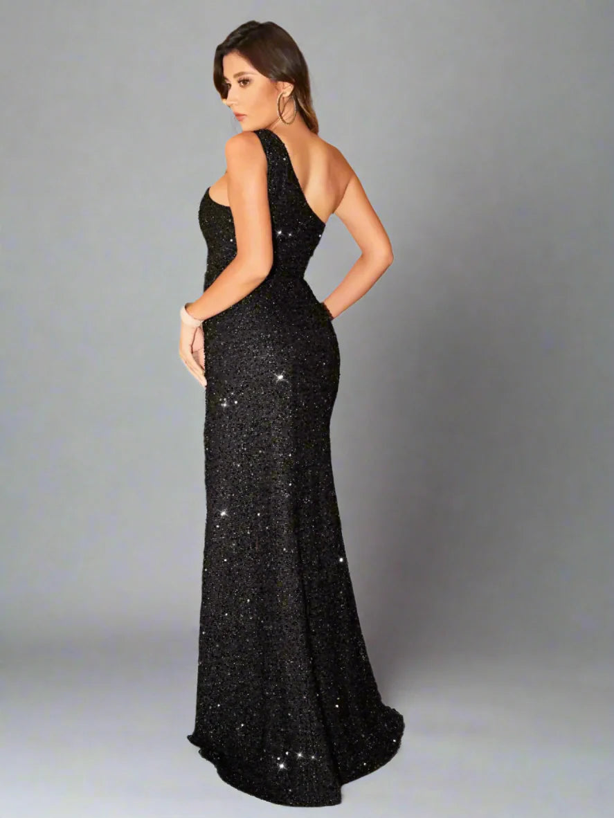 Black Sequin One-Shoulder High Slit Maxi Dress | Formal & Party Gown