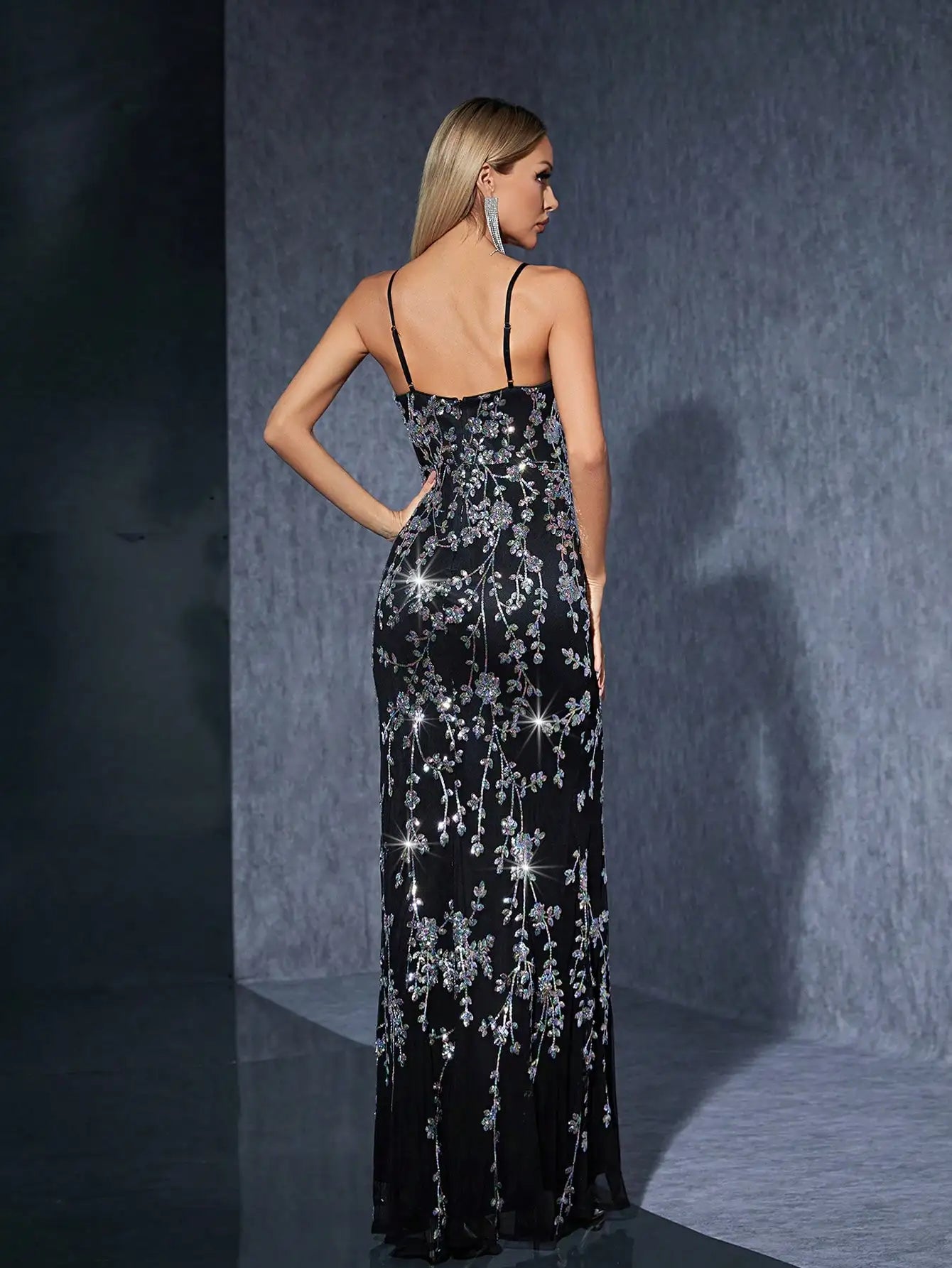 Black Sequin Slit Evening Gown – Spaghetti Strap Formal Dress