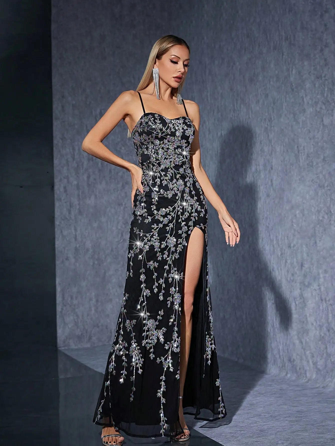 Black Sequin Slit Evening Gown – Spaghetti Strap Formal Dress