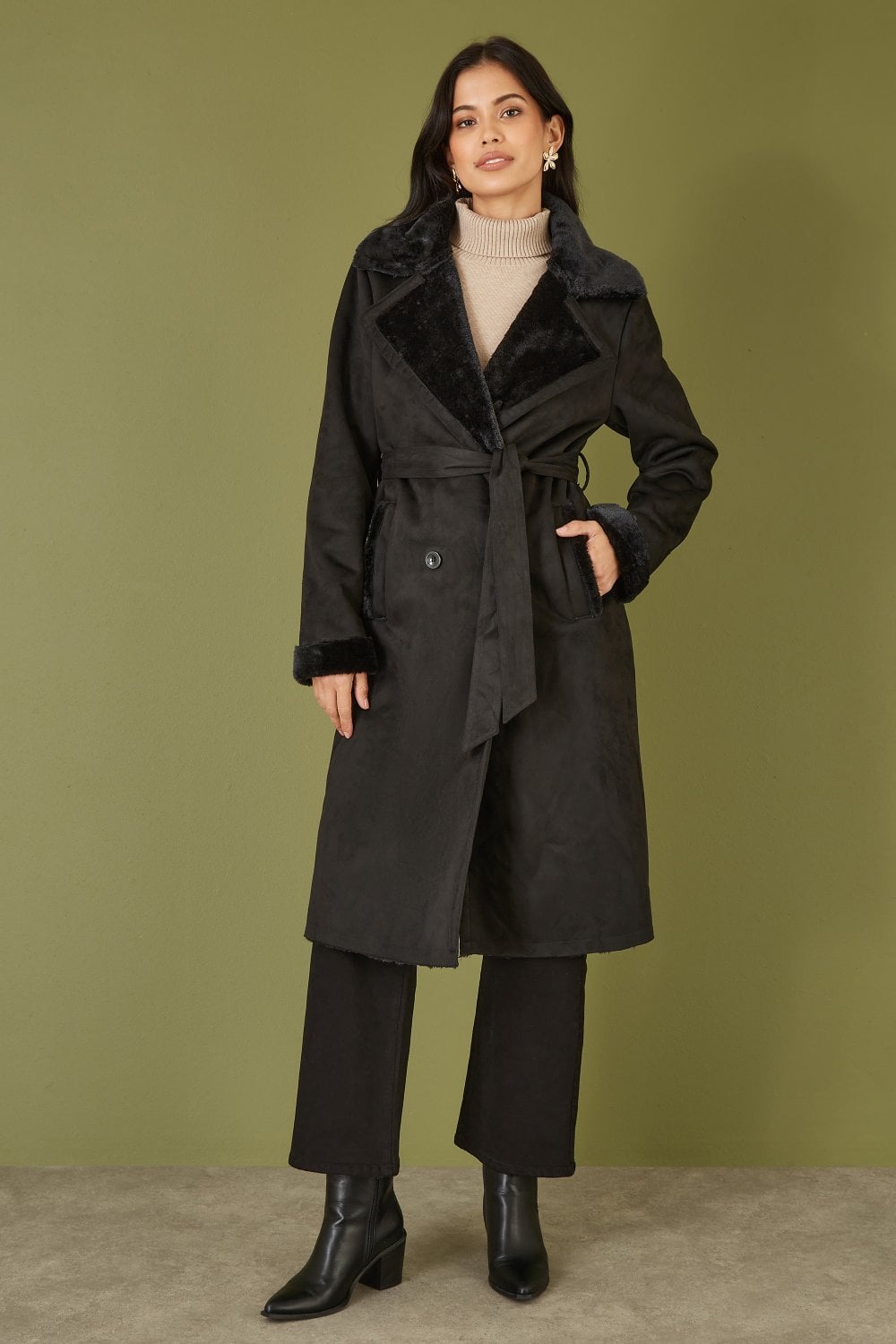 Black Trench Coat With Faux Fur Lining
