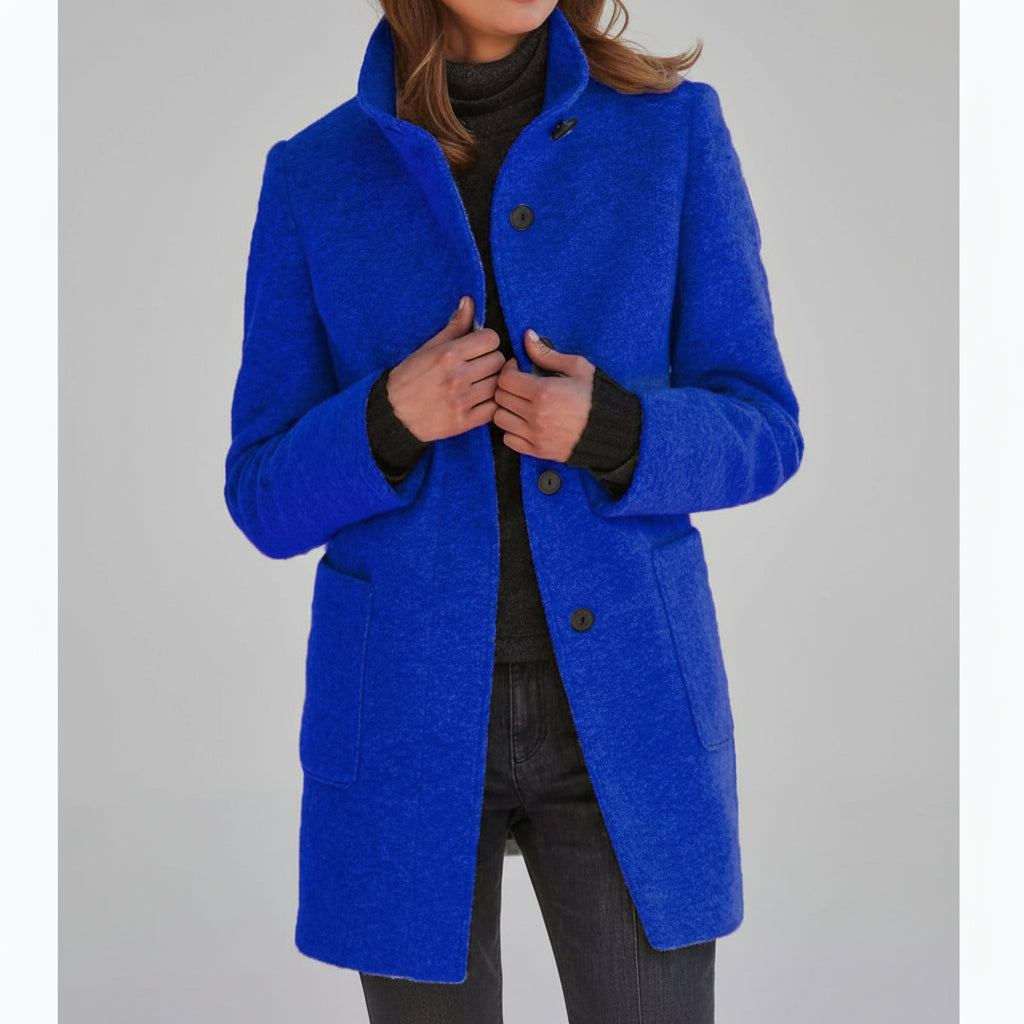 Blue tailored collar detail on wool coat