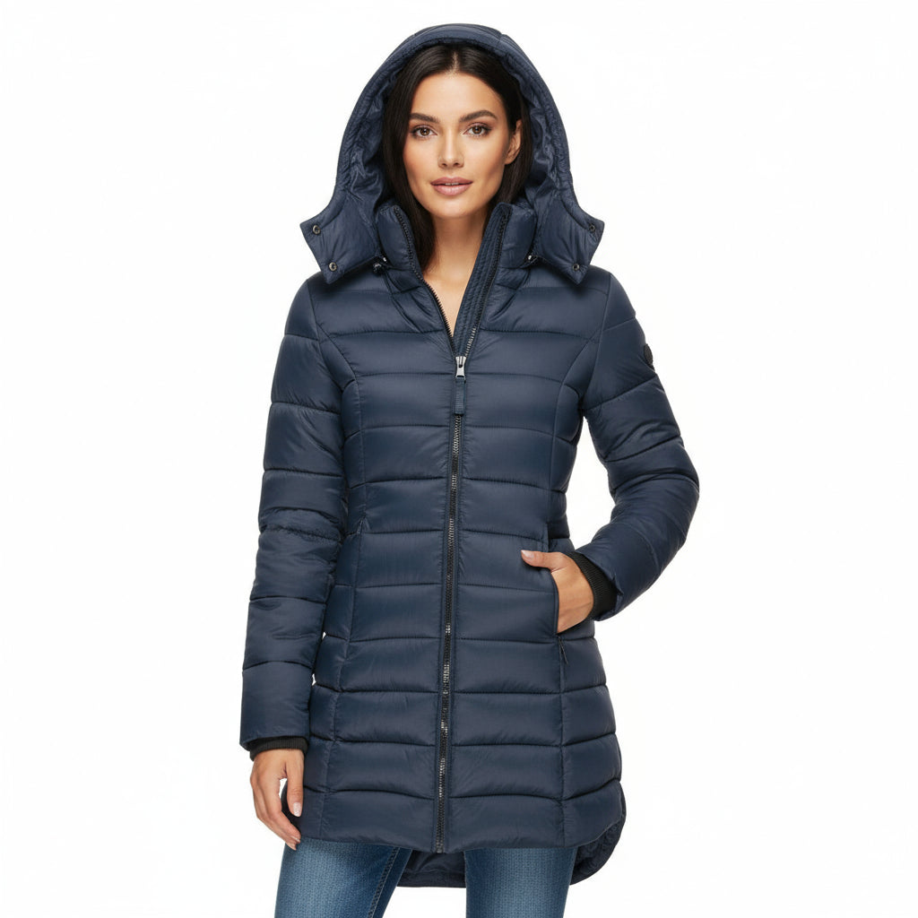 Front view of women’s hooded puffer jacket