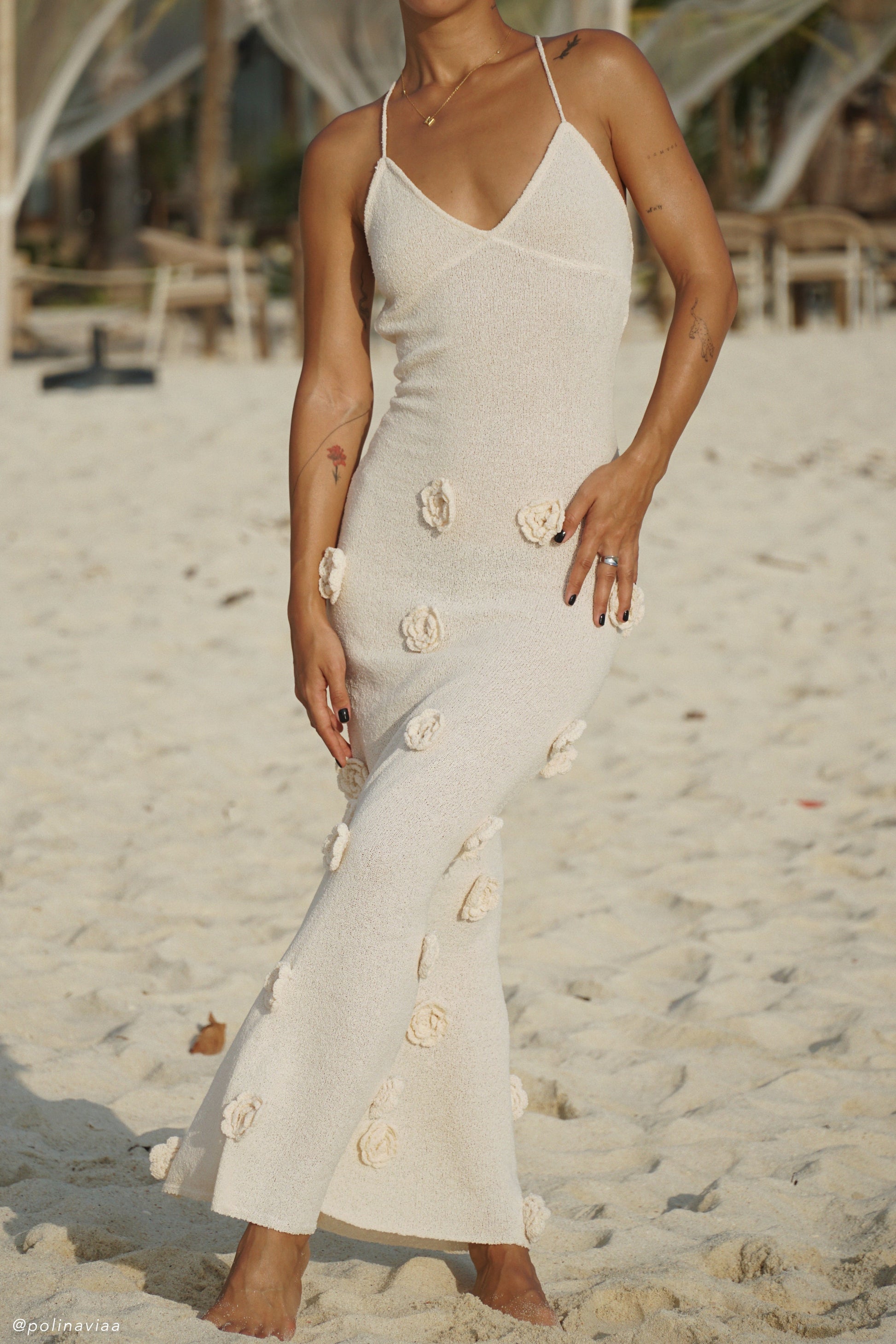 Women’s Knit Crochet Maxi Dress – V Neck, Sleeveless, Floral Appliqué