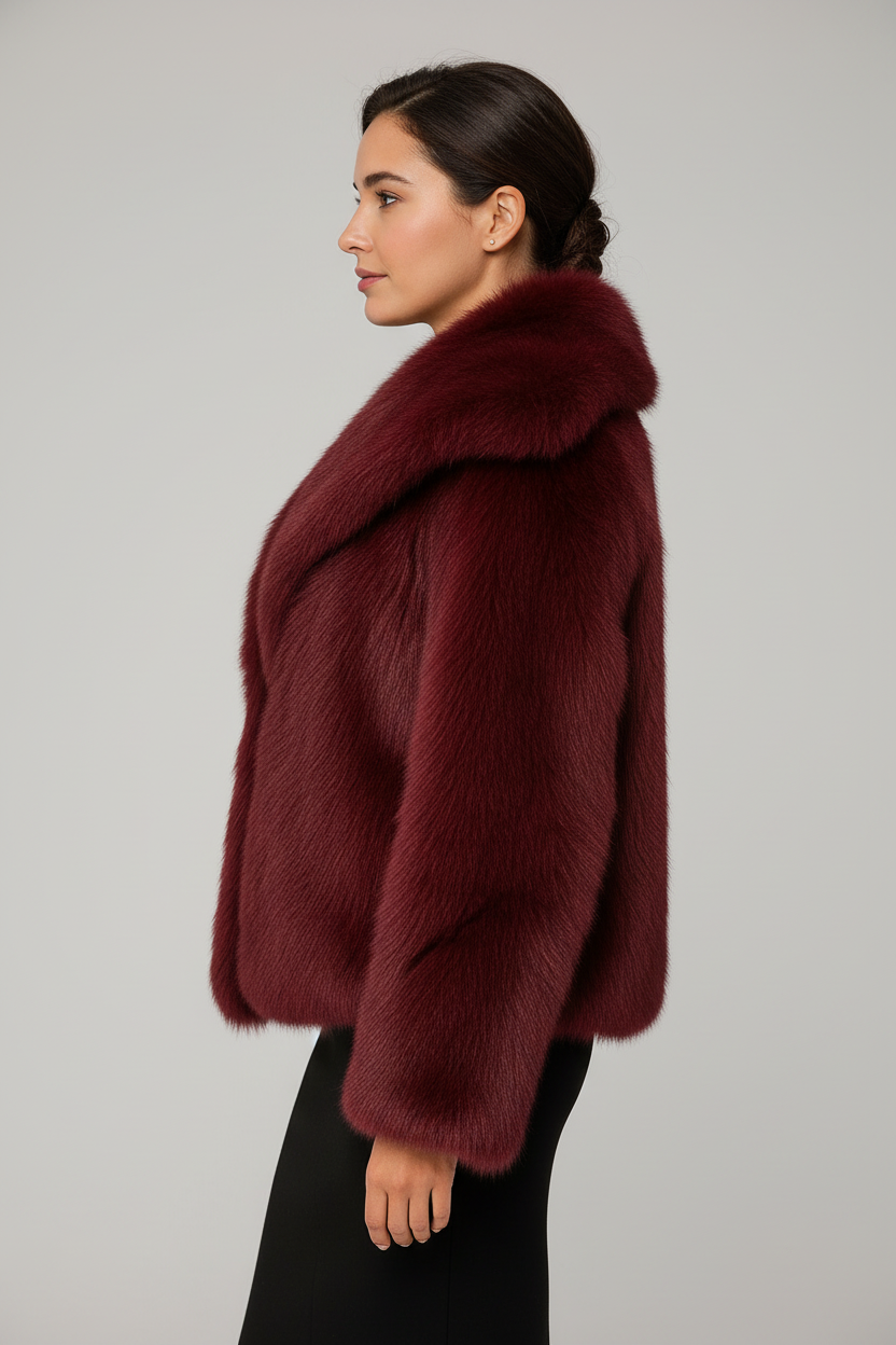 Burgundy Fur Jacket - Model Side View