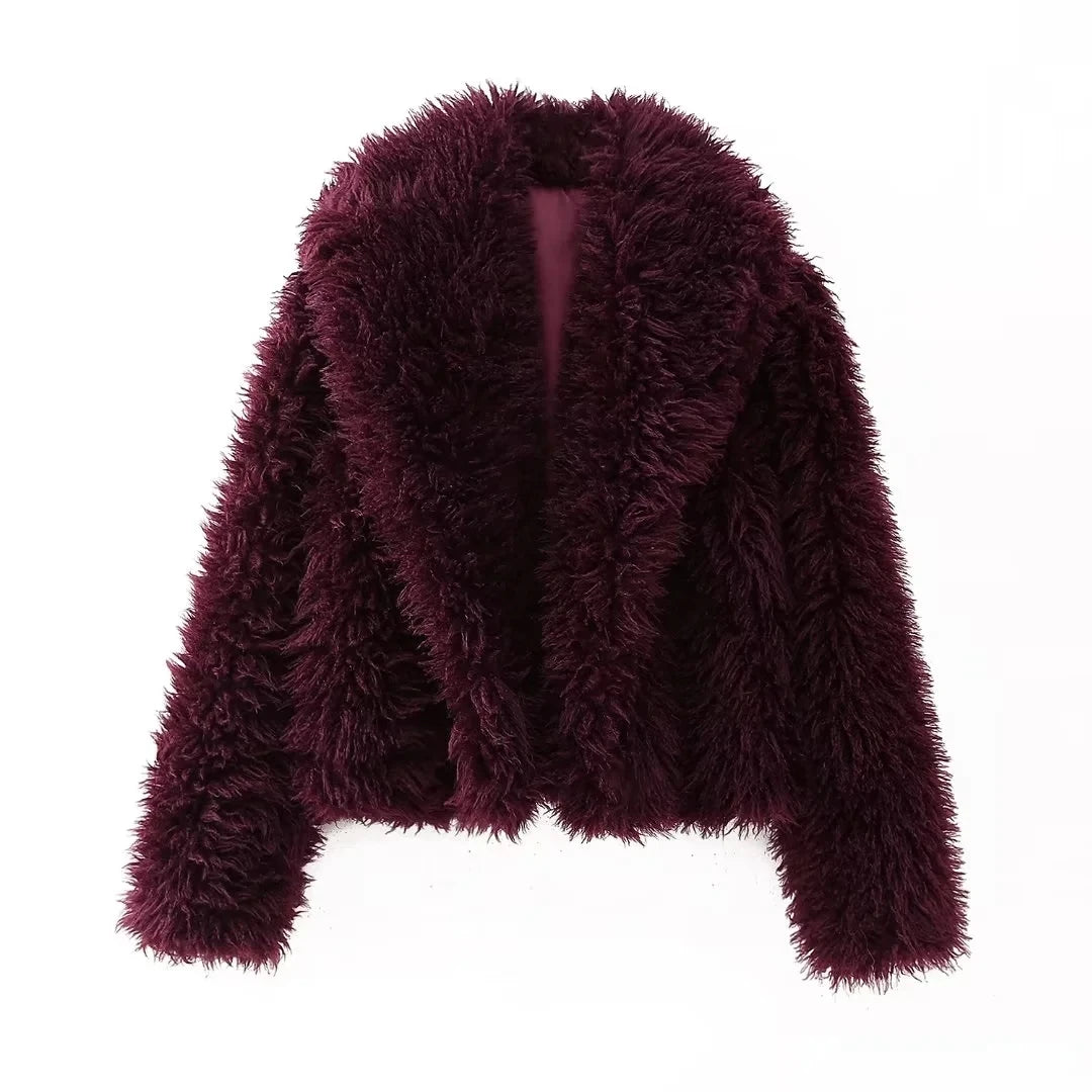 Women’s burgundy plush jacket front view