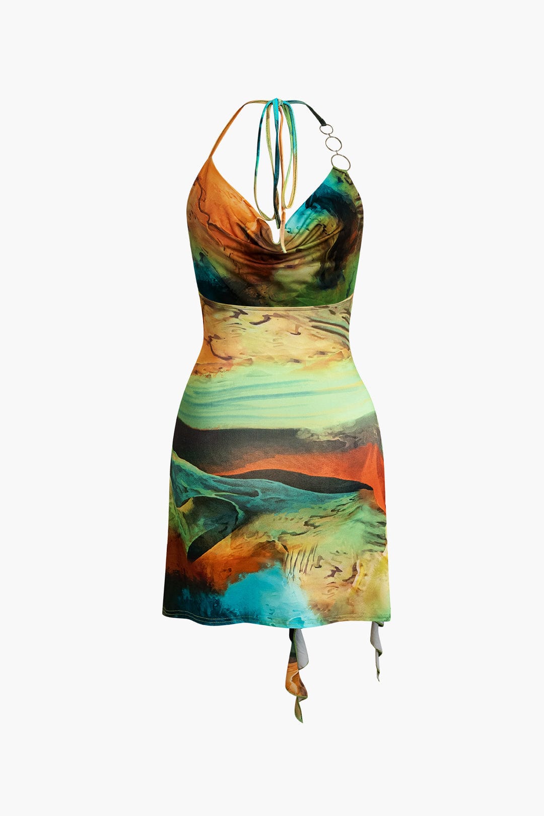 Asymmetrical Side-Slit Halter Mini Dress with Art Print