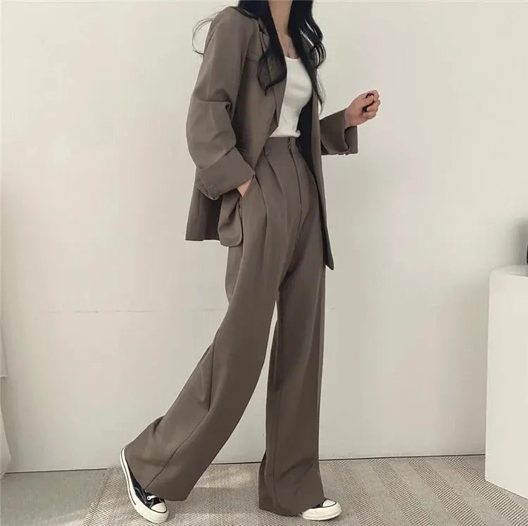 Solid Color Blazer and Straight-Leg Pants Set