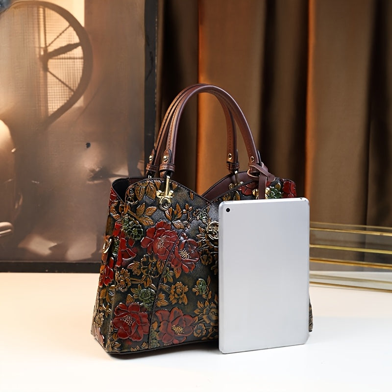 Hand-Painted Floral Tote Bag with Zipper Closure