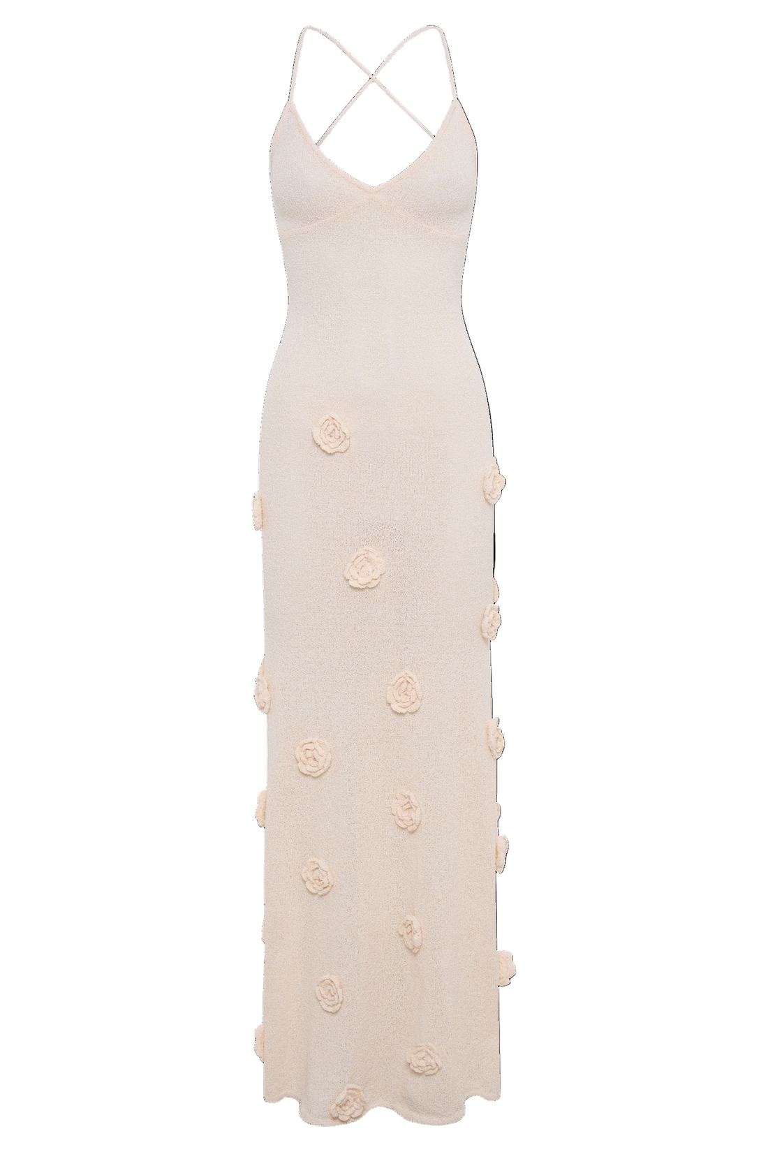 Women’s Knit Crochet Maxi Dress – V Neck, Sleeveless, Floral Appliqué