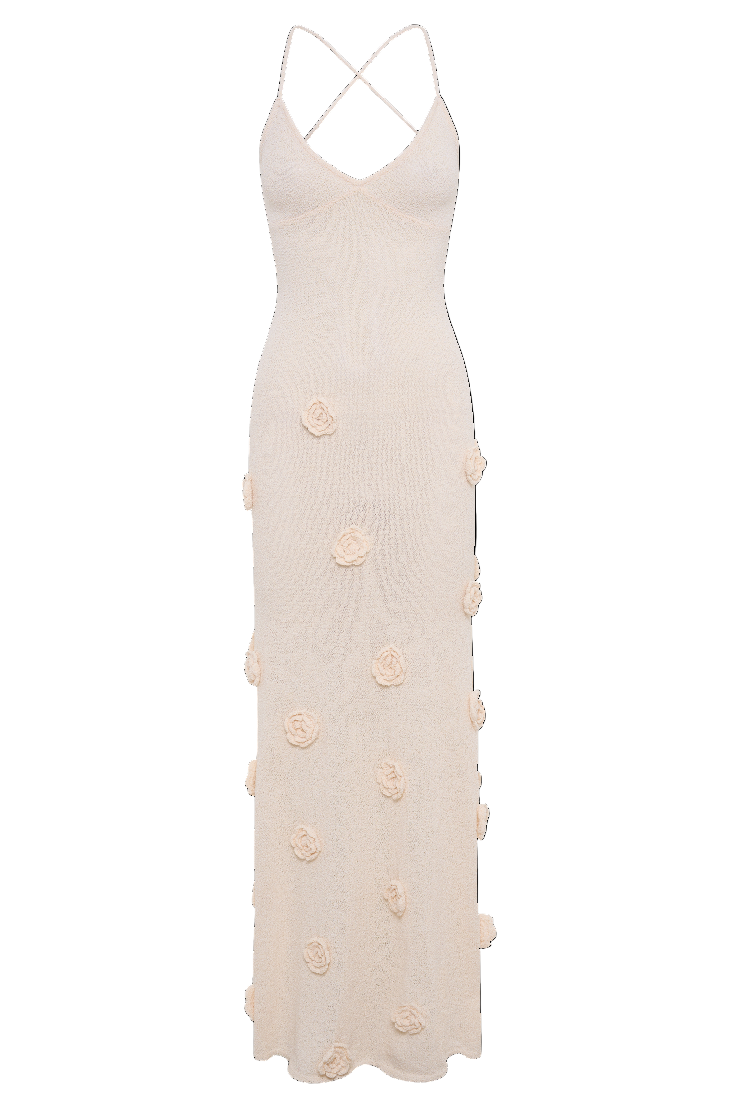 Women’s Knit Crochet Maxi Dress – V Neck, Sleeveless, Floral Appliqué