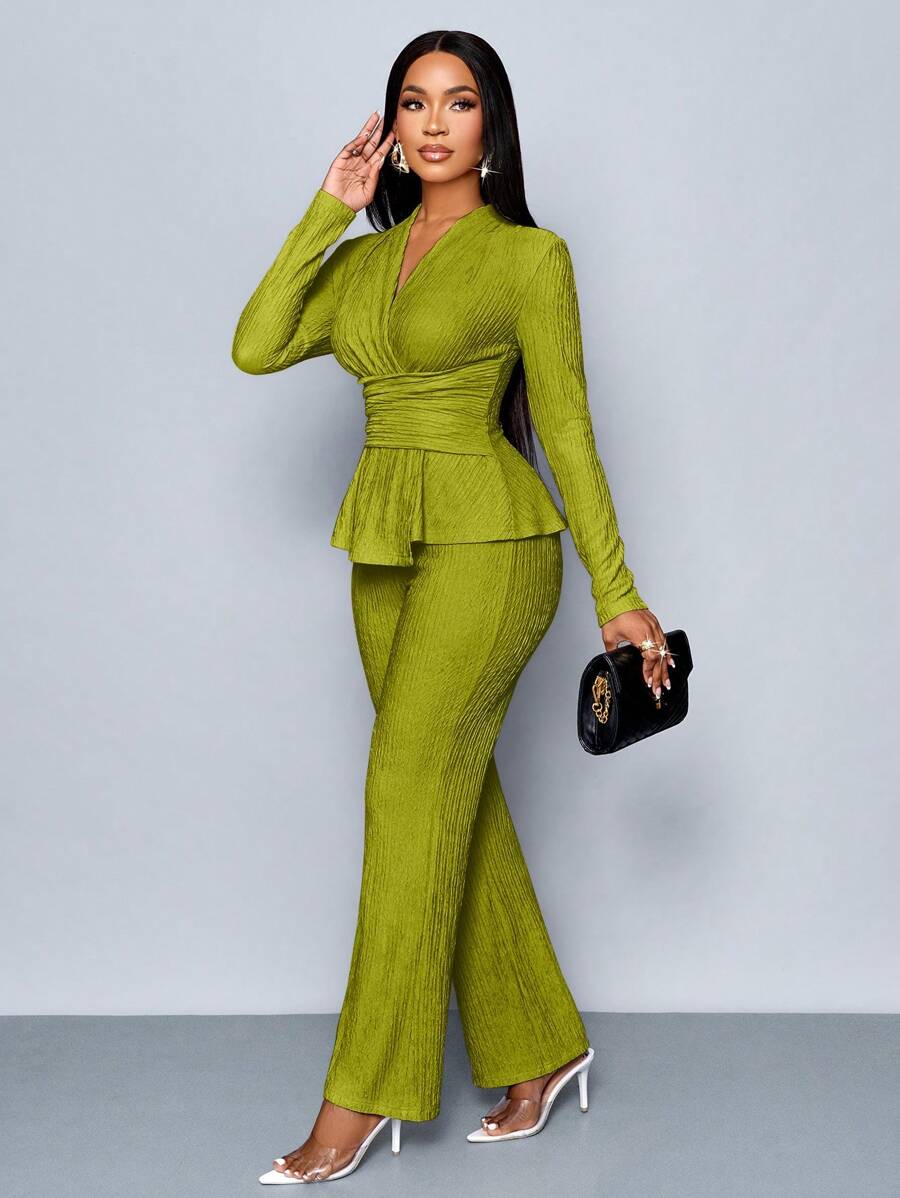 Women’s V-Neck Long Sleeve Top and Wide Leg Pants Set