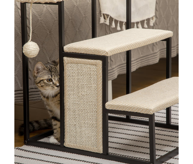 Fully assembled cat stairs with toy and scratcher
