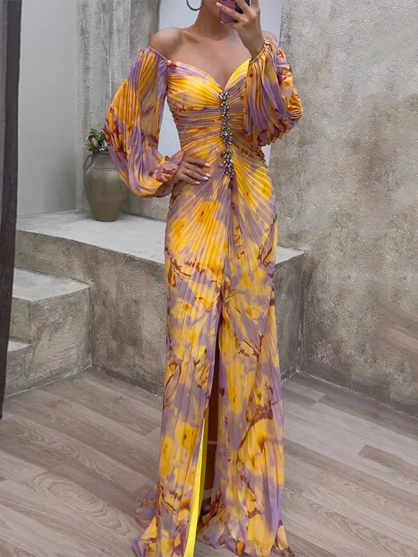 Off-Shoulder Pleated Evening Gown – Yellow-Purple Print with Glitter
