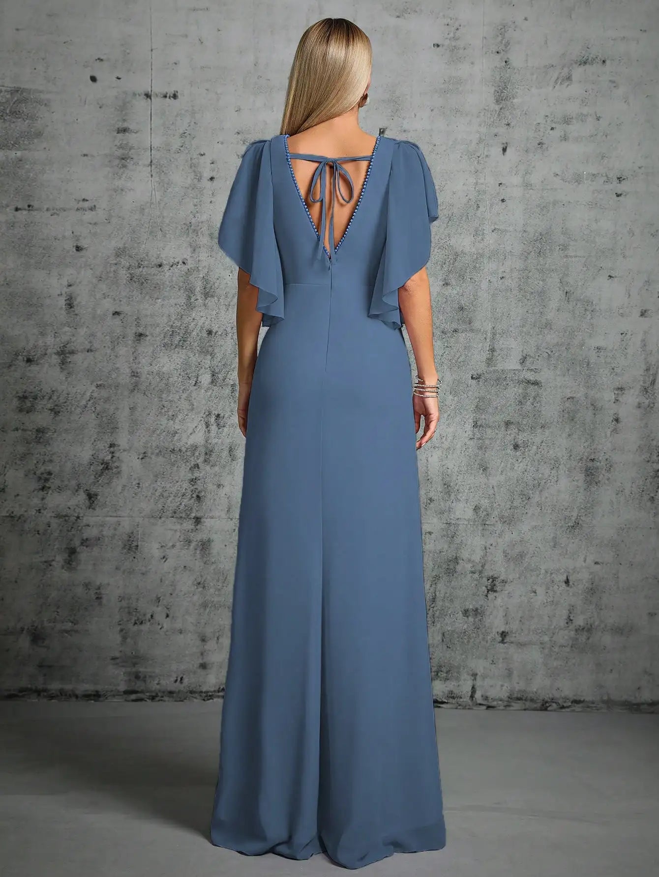 Beaded Collar Flared Sleeve Pleated Chiffon Evening Gown