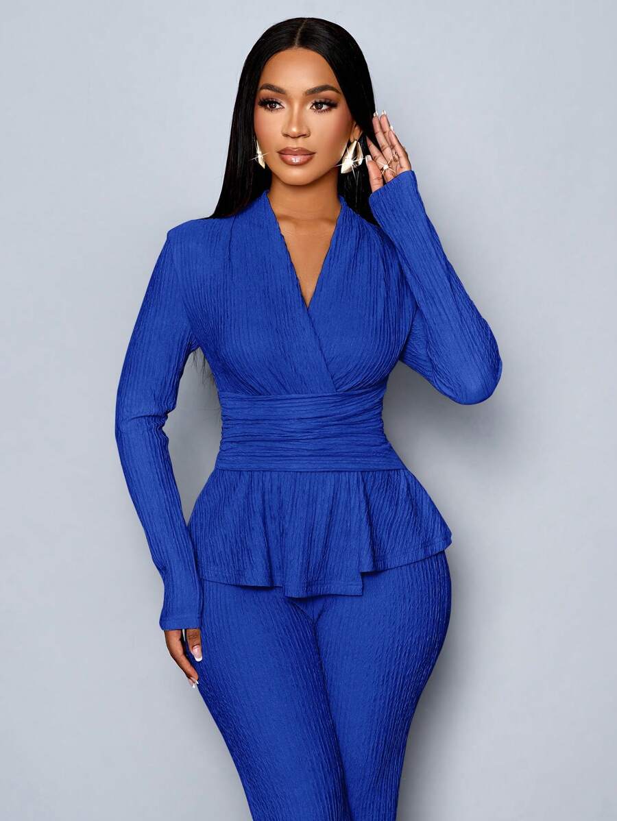 Women’s V-Neck Long Sleeve Top and Wide Leg Pants Set