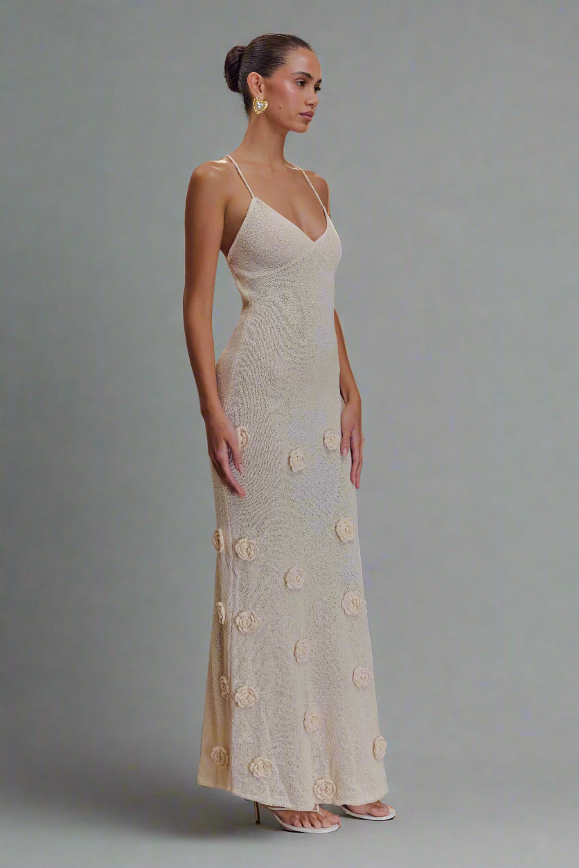 Women’s Knit Crochet Maxi Dress – V Neck, Sleeveless, Floral Appliqué