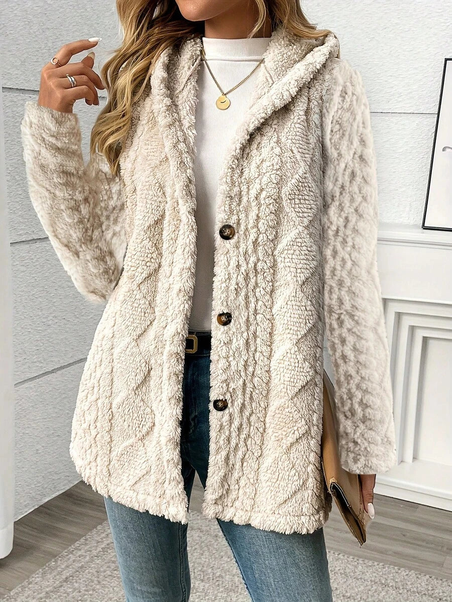 Back view of cream knit cardigan with soft plush texture