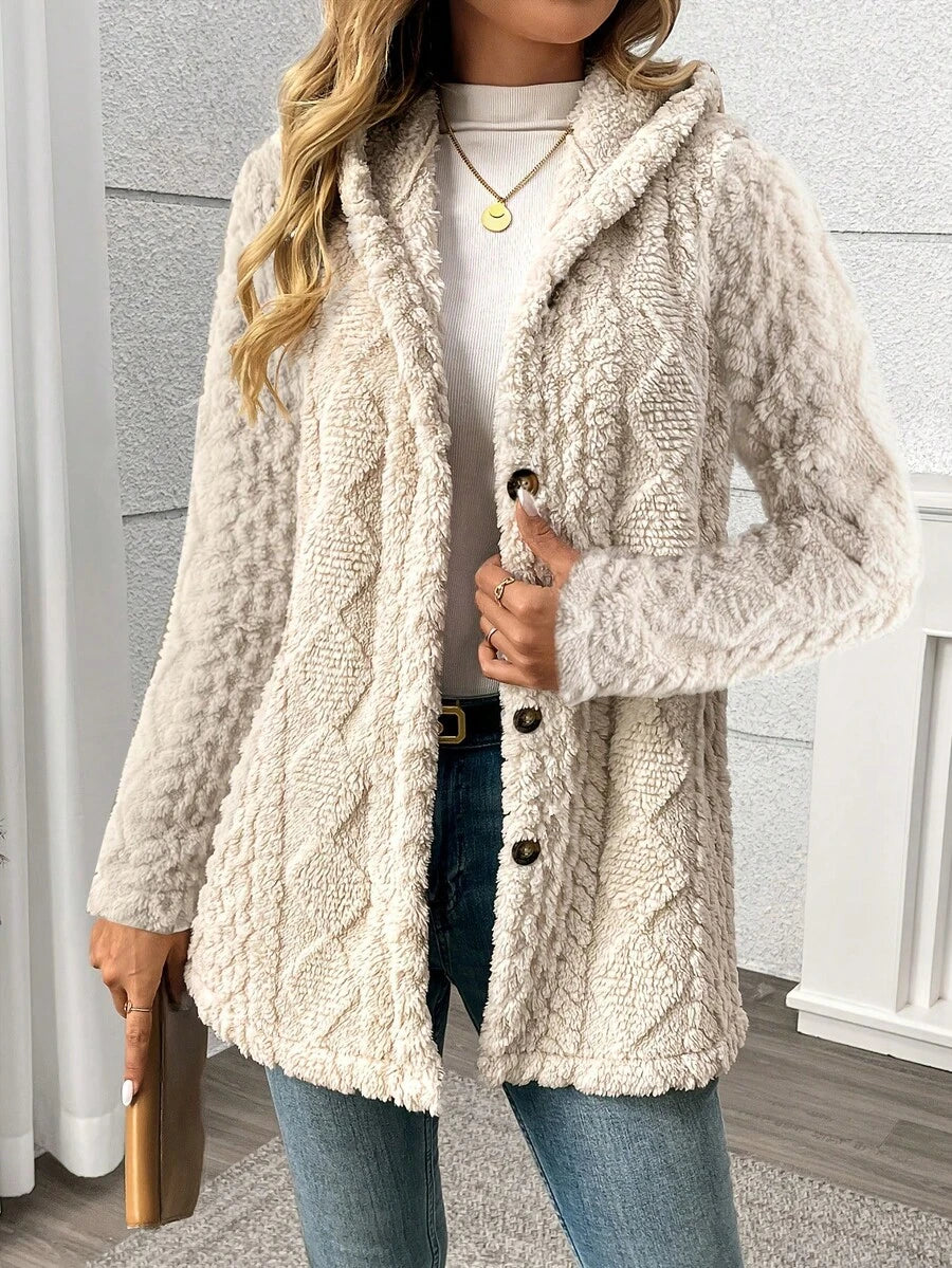 Side view showing textured knit and relaxed fit cardigan