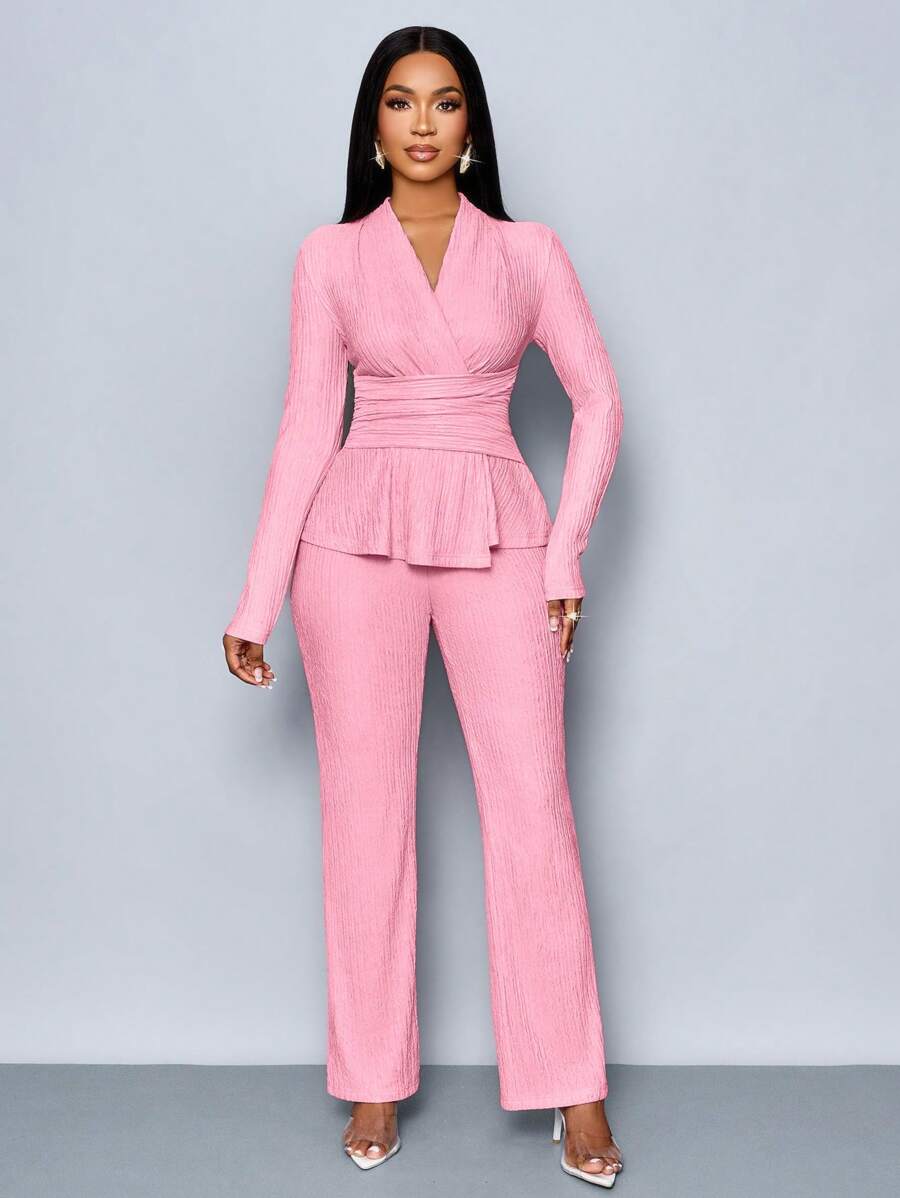 Women’s V-Neck Long Sleeve Top and Wide Leg Pants Set