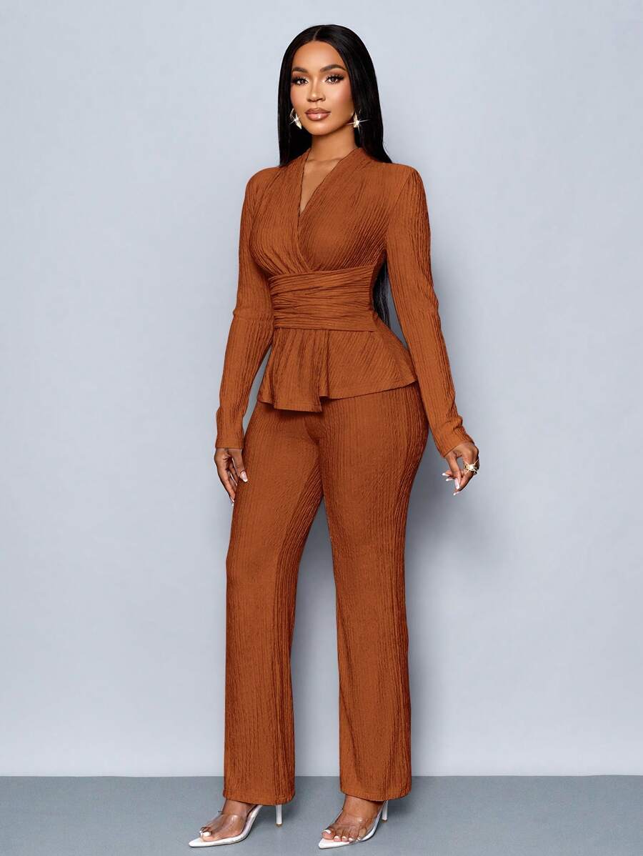 Women’s V-Neck Long Sleeve Top and Wide Leg Pants Set