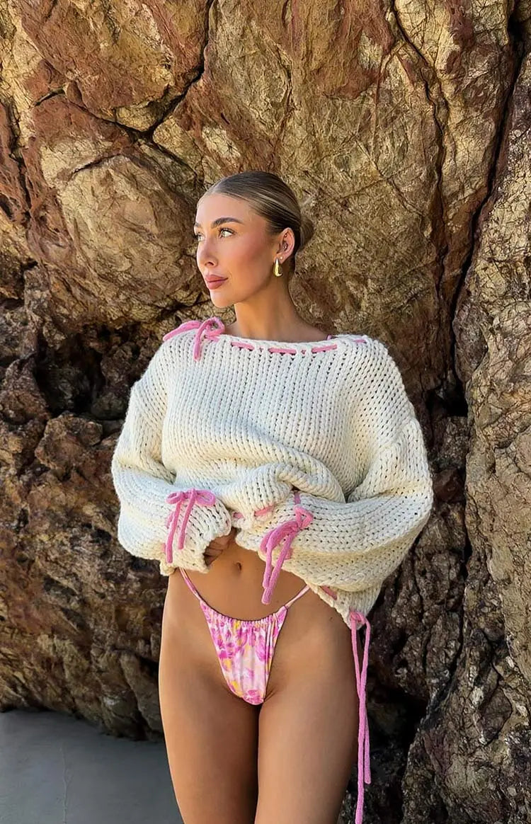 One Shoulder Chunky Knit Pullover with Pink Bow Accents