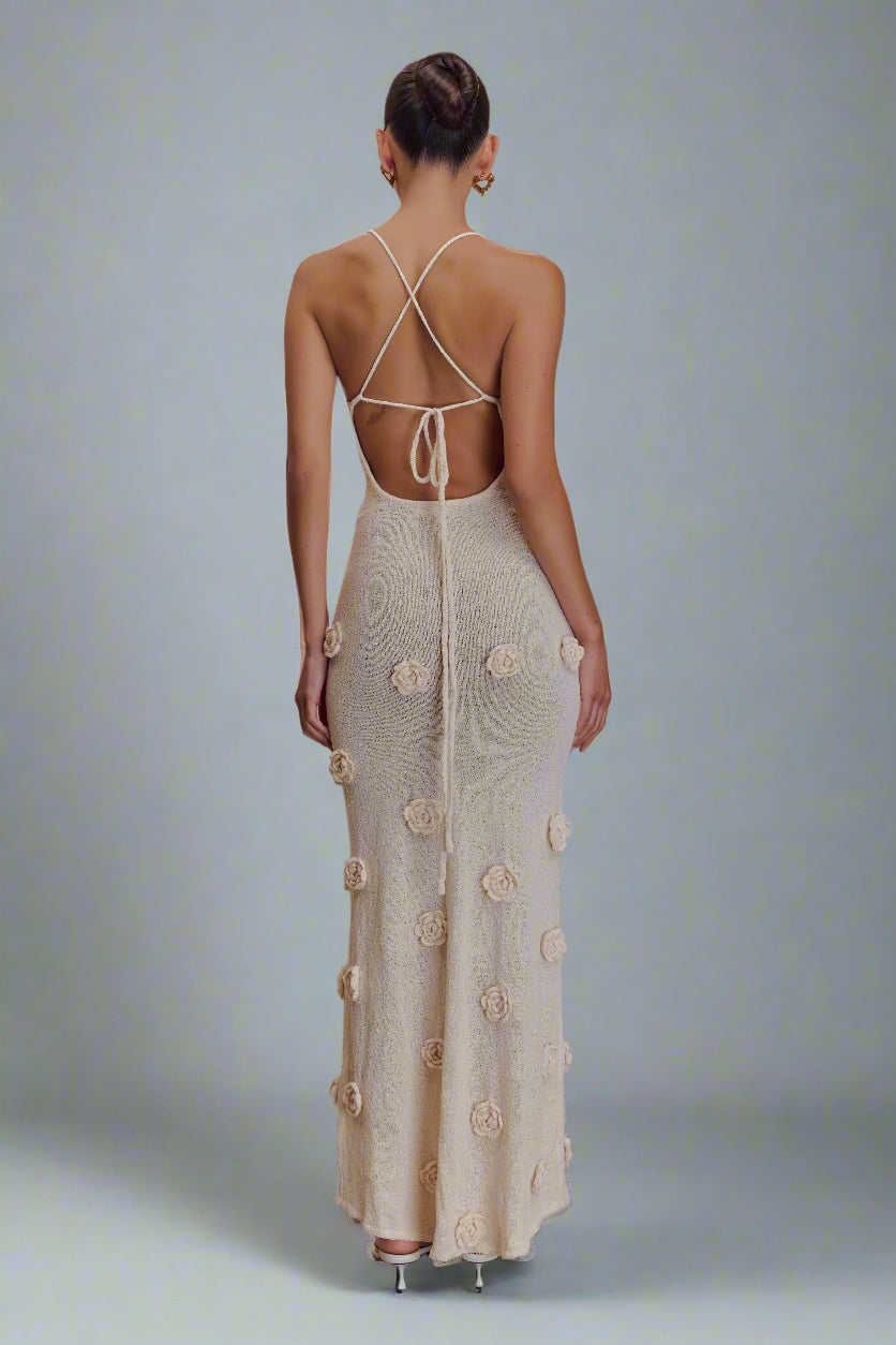 Women’s Knit Crochet Maxi Dress – V Neck, Sleeveless, Floral Appliqué