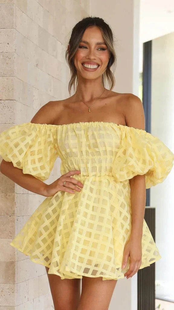 Yellow Off-Shoulder Mini Dress with Puff Sleeves