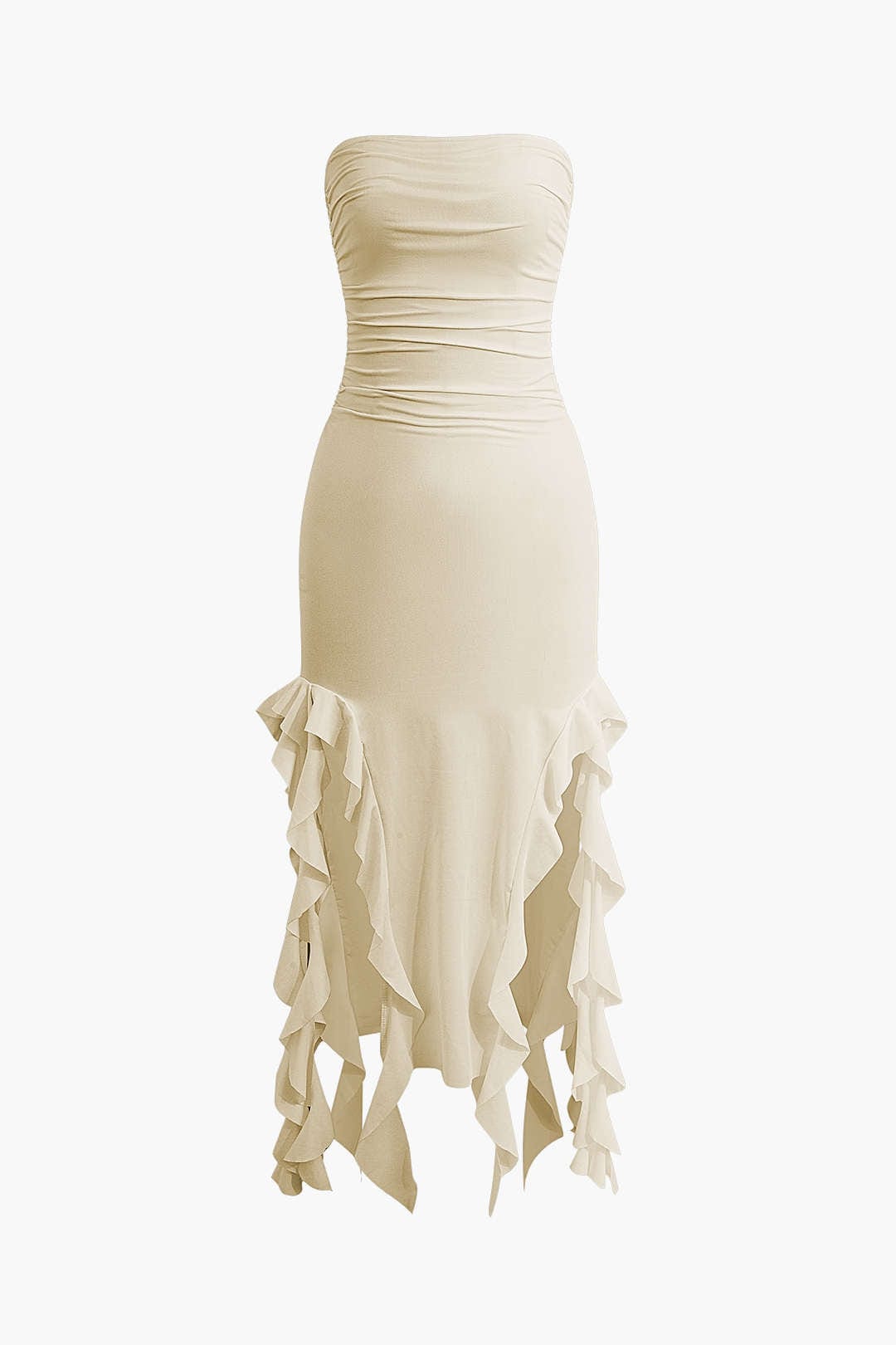 Elegant Ruffle Bandeau Maxi Dress – Timeless Sophistication