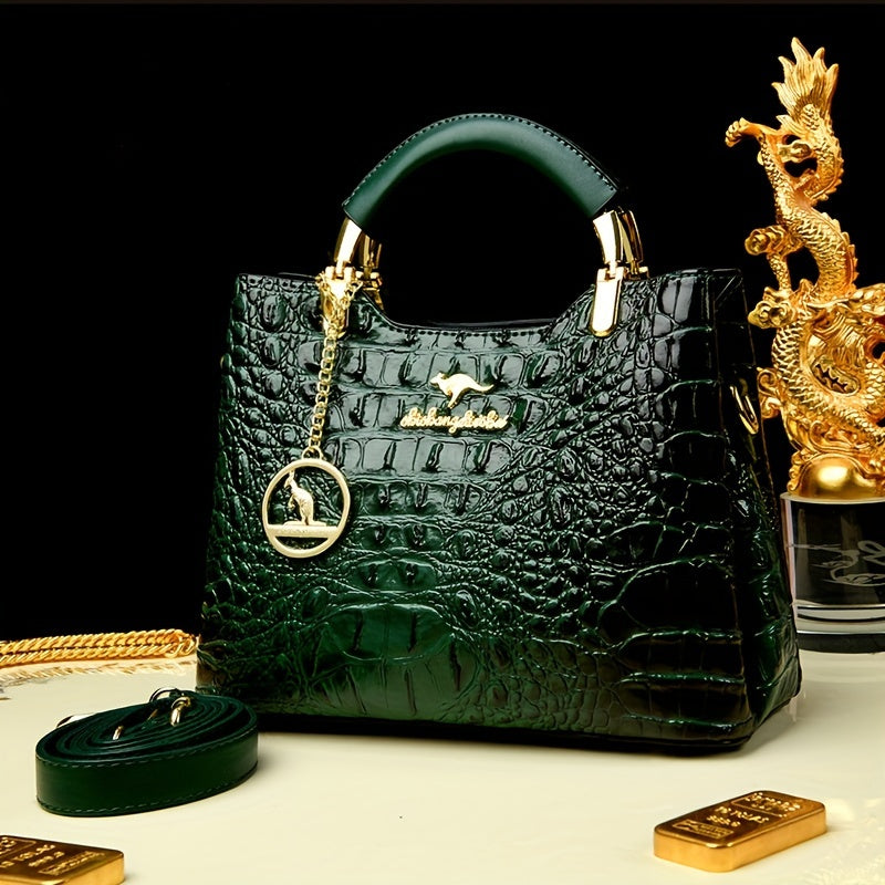 Green Crocodile-Embossed Handbag - Elegant Shoulder Purse with Detachable Strap and Chain Detail