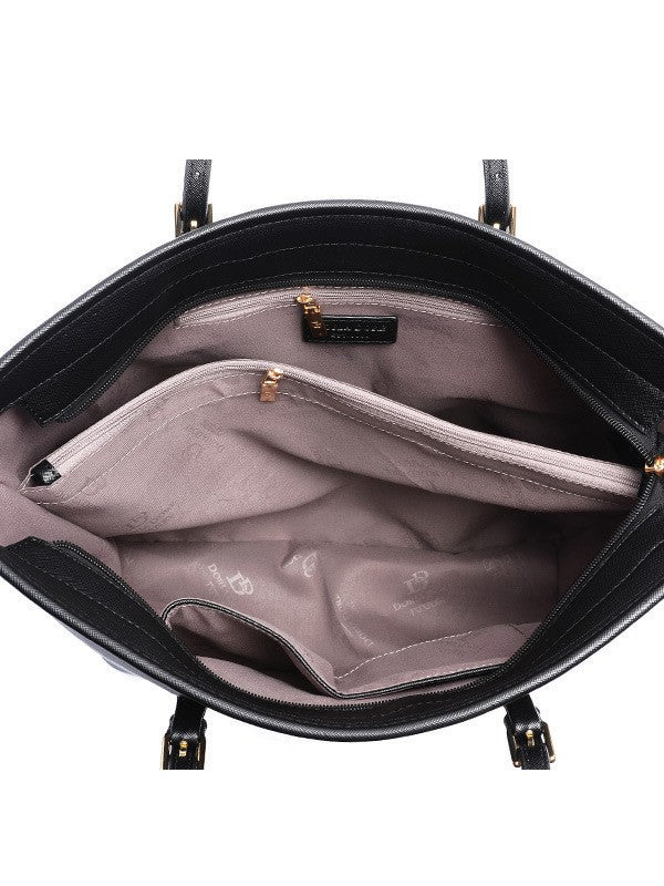 Black leather tote bag interior - spacious compartments