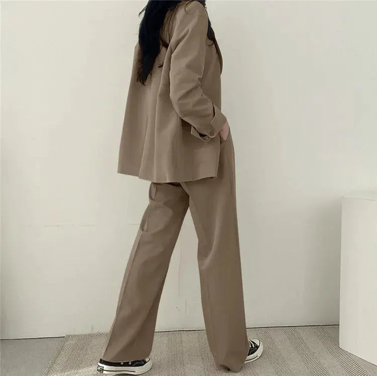 Solid Color Blazer and Straight-Leg Pants Set