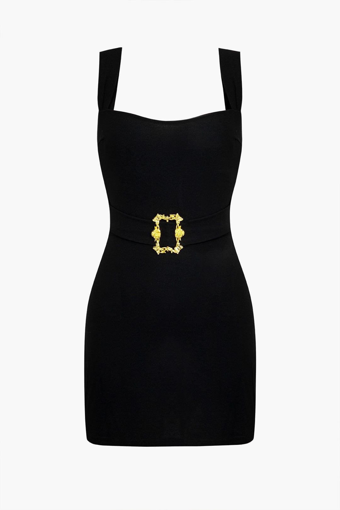 Elegant Black Mini Dress with Gold Belt – Timeless Sophistication