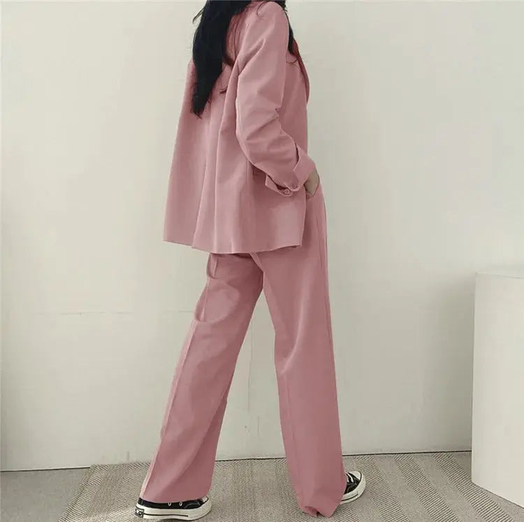 Solid Color Blazer and Straight-Leg Pants Set