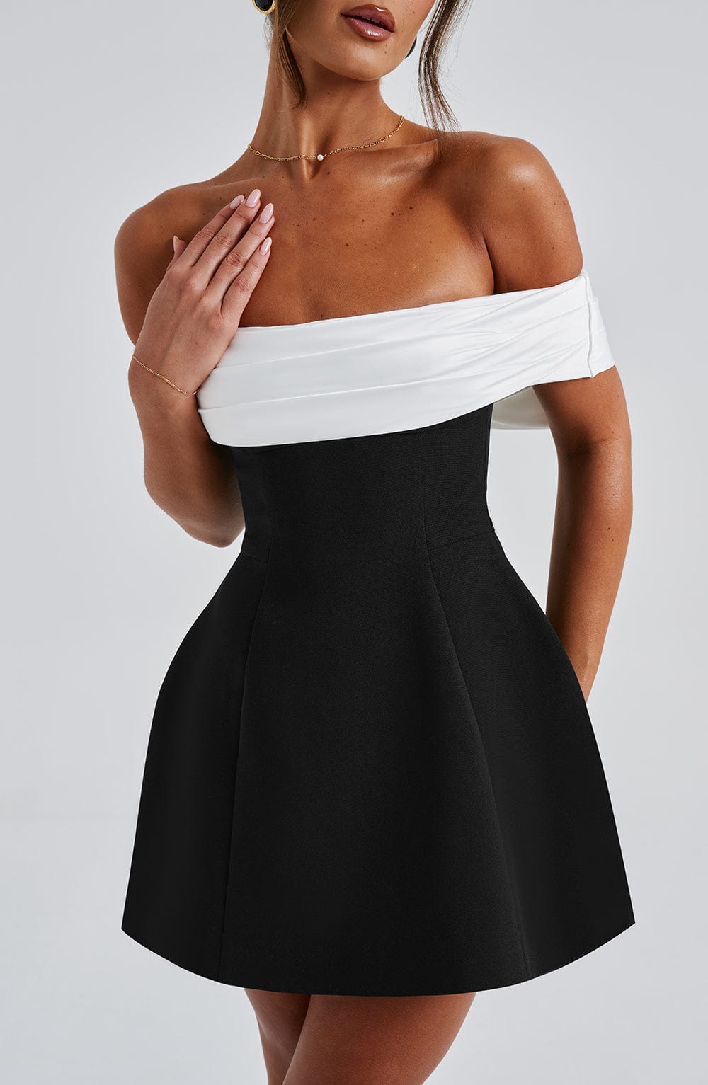Off-the-Shoulder Mini Dress with Contrasting Top
