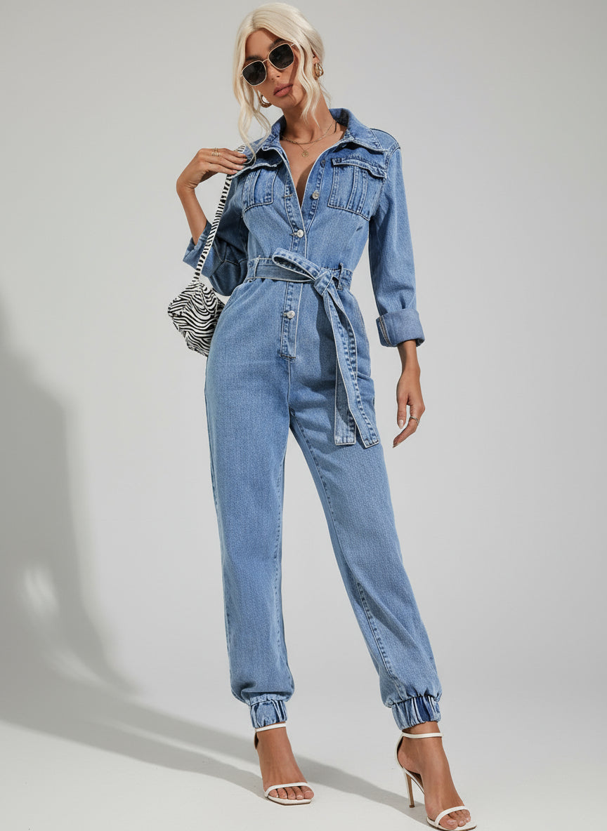 Back view of women’s belted denim jumpsuit
