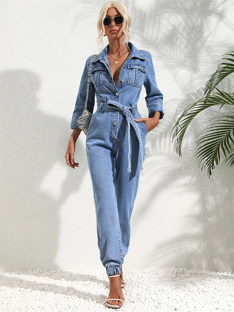 Woman in a blue denim jumpsuit